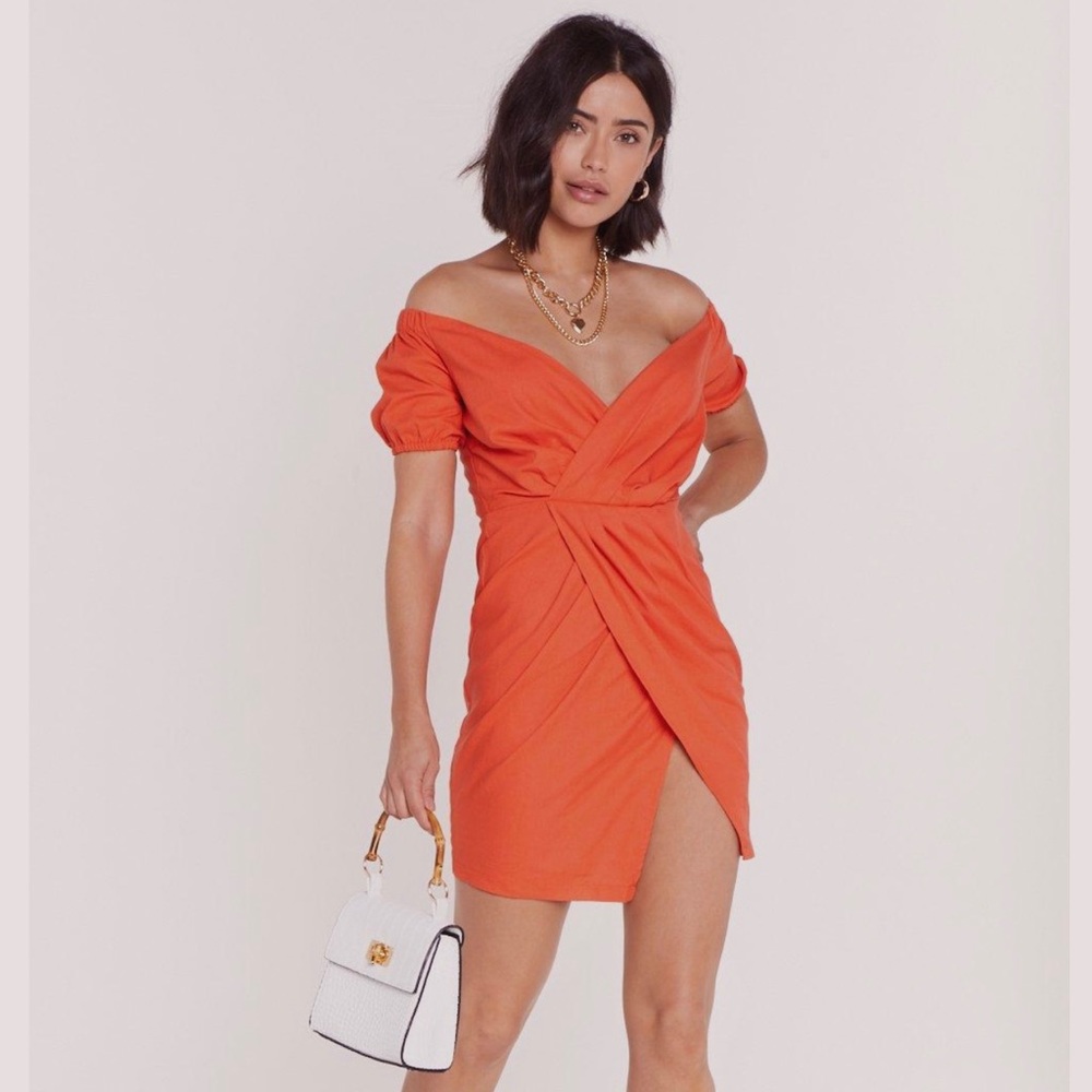 Coral linen puff sleeve mini dress